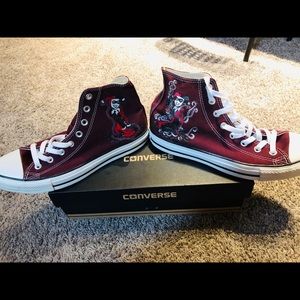 CustomPainted Harley Quinn Maroon Hightop Converse